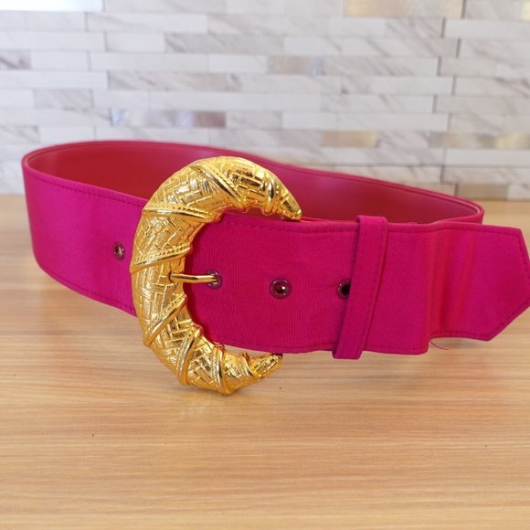 VINTAGE‎ Belt Womens XS Pink Fabric Cinch Waist Fashion Chunky Gold Buckle Y2K - Picture 2 of 11
